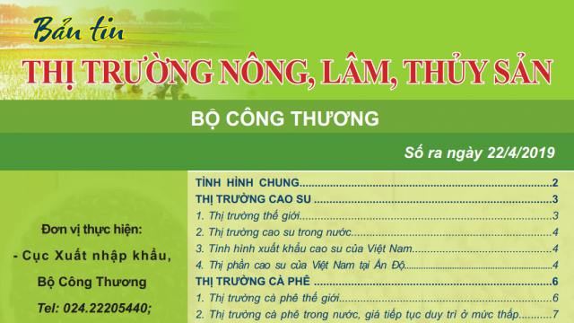 Trung tâm TTTM phát hành Bản tin thị trường nông lâm thủy sản ngày 22/4/2019