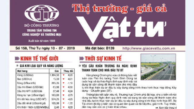 Trung tâm TTCN và TM phát hành Bản tin Thị trường Giá cả Vật tư Số 158, Thứ Tư ngày 10/7/2019 