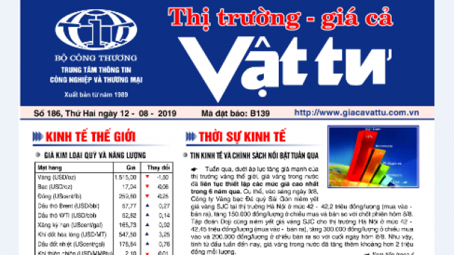 Trung tâm TTCN và TM phát hành Bản tin Thị trường Giá cả Vật tư Số 186, Thứ Hai ngày 12/8/2019 