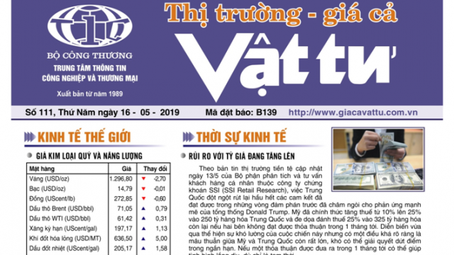 Trung tâm TTCN và TM phát hành Bản tin Thị trường Giá cả Vật tư Số 111, Thứ Năm ngày 16/5/2019 