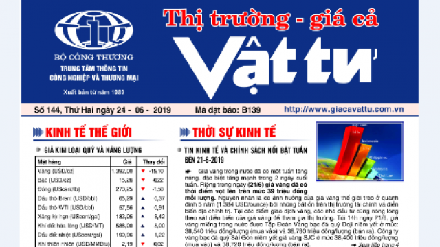 Trung tâm TTCN và TM giới thiệu Bản tin Thị trường Giá cả Vật tư Số 144, Thứ Hai ngày 24/6/2019 