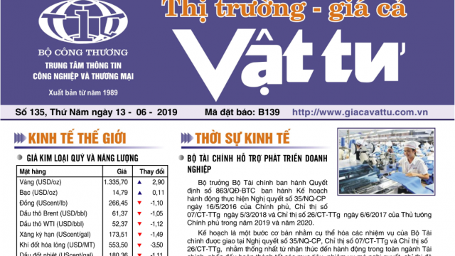 Trung tâm TTCN và TM phát hành Thị trường Giá cả Vật tư Số 135, Thứ Năm ngày 13/6/2019 