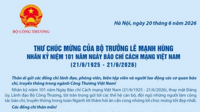 Thư chúc mừng của Bộ trưởng Lê Mạnh Hùng nhân kỷ niệm 101 năm Ngày Báo chí Cách mạng Việt Nam