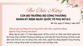 Thư chúc mừng của Bộ trưởng Bộ Công Thương nhân kỷ niệm Ngày quốc tế phụ nữ 8/3