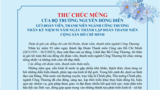 Thư chúc mừng của Bộ trưởng Nguyễn Hồng Diên gửi đoàn viên, thanh niên ngành Công Thương